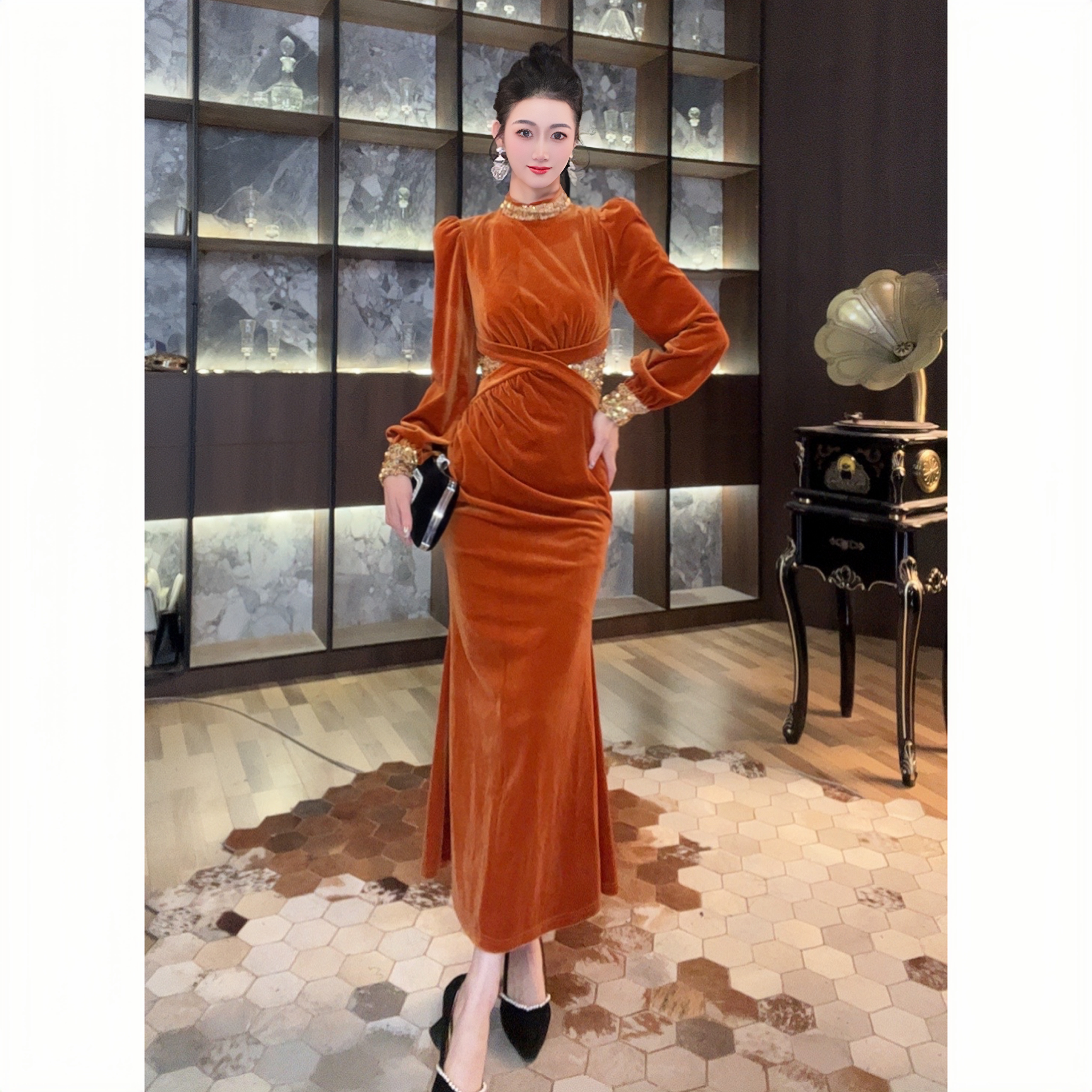 21600收腰显瘦气质长袖轻奢复古修身名媛长款包臀优雅秋冬连衣裙