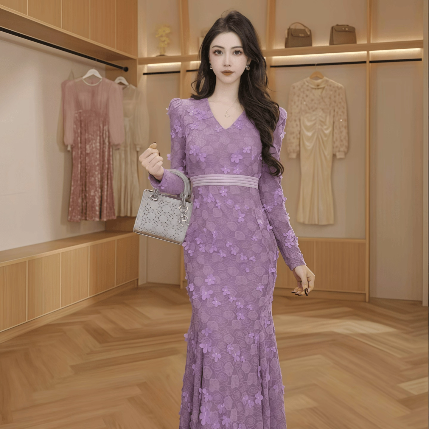 15621 高级感气质长袖蕾丝连衣裙秋冬新款V领修身高腰显瘦长裙子