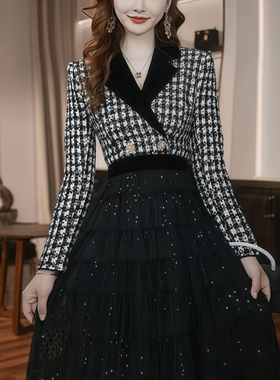 65581 原创氛围感黑色连衣裙长袖收腰显瘦高级感御姐气质礼服长裙