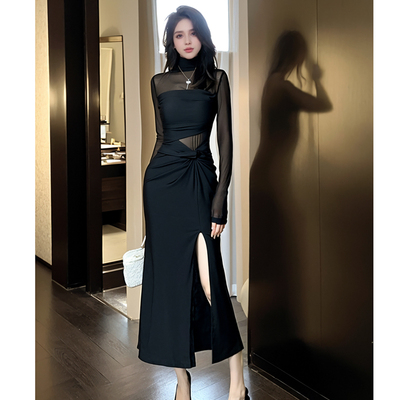 21489性定制黑色连衣裙女新款显身材包臀不规则开叉露腰长裙子