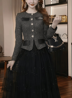 65565 小香风独特赫本风高级感连衣裙网纱拼接a字裙子