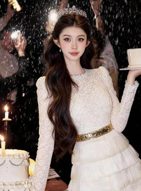 21982 名媛气质收腰蕾丝蓬蓬连衣裙千金风生日礼服裙白色蛋糕裙女