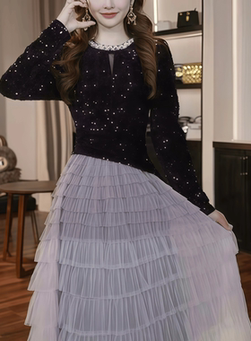 45478 亮闪闪宴会party生日网纱连衣裙氛围感超好看收腰紫色长裙