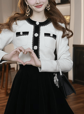 45483 小香风单排扣A字裙miu系穿搭小个子优雅黑白拼接连衣裙