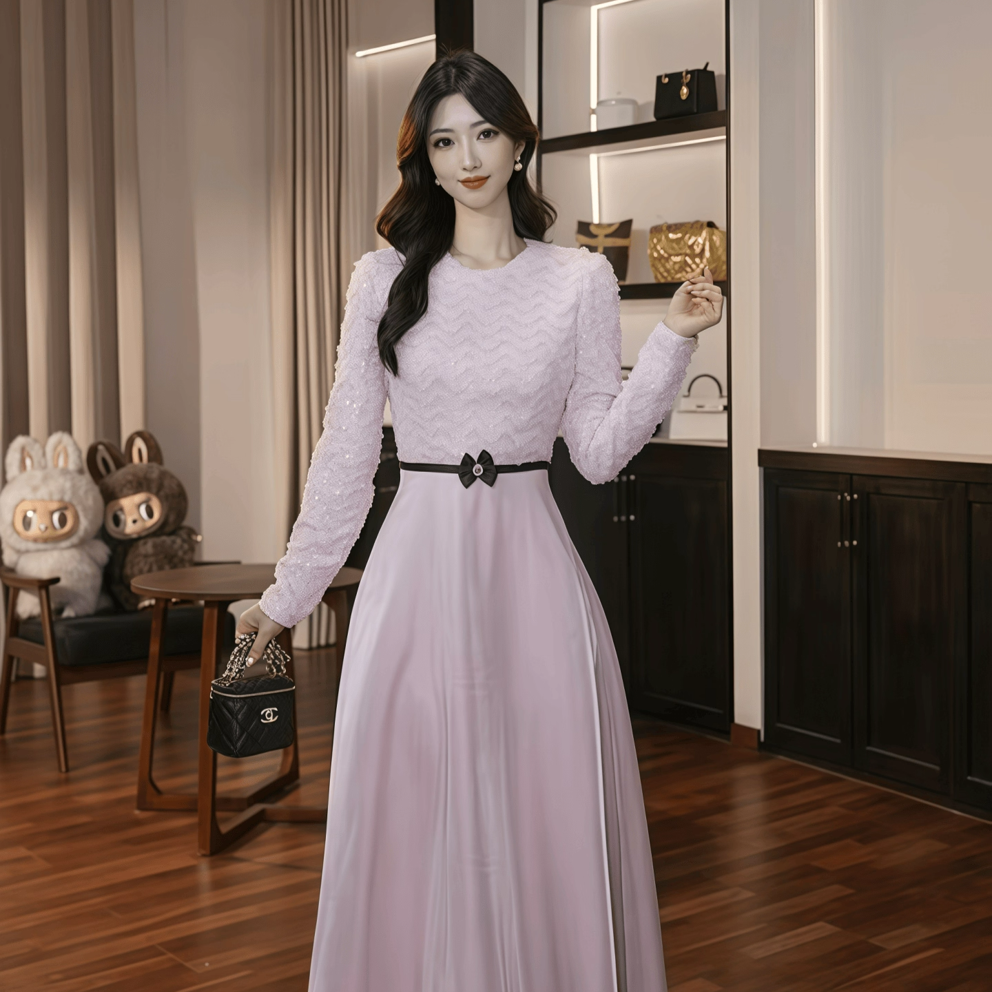 温柔风收腰粉色大摆裙