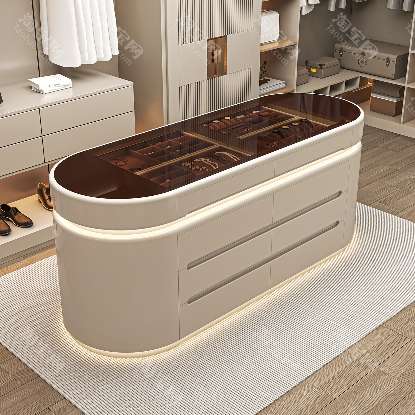 欧式奶油风衣帽间中岛台家用落地展示柜设计师原创珠宝首饰收纳柜