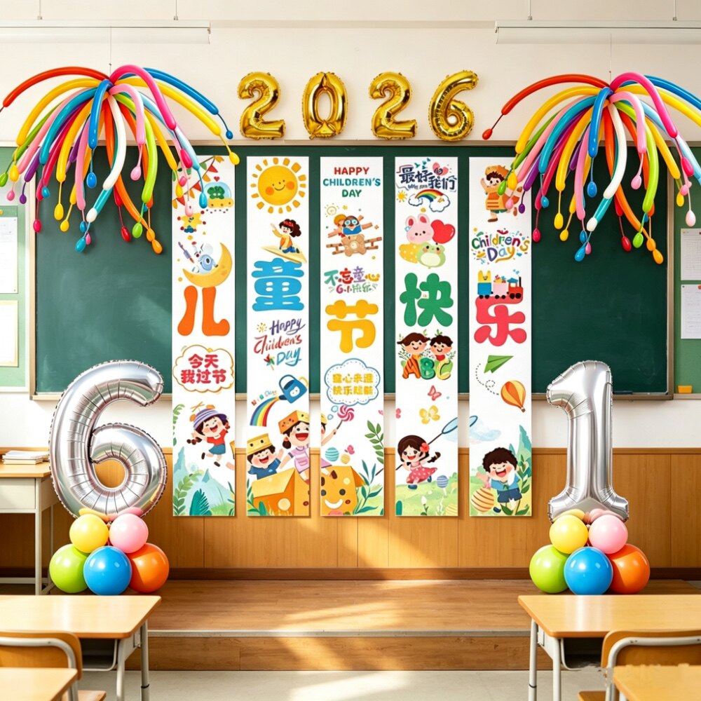 六一儿童节幼儿园小学教室装饰场景布置气球拉旗拉花条幅挂布全套