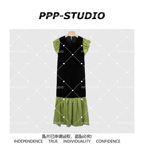 『PP-STUDIO』新款时尚法式优雅设计款拼接下摆连衣裙*20261952