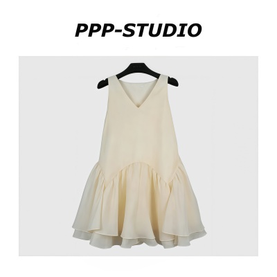 『PP-STUDIO』新款时尚百搭减龄V领无袖甜美风连衣裙*20261131