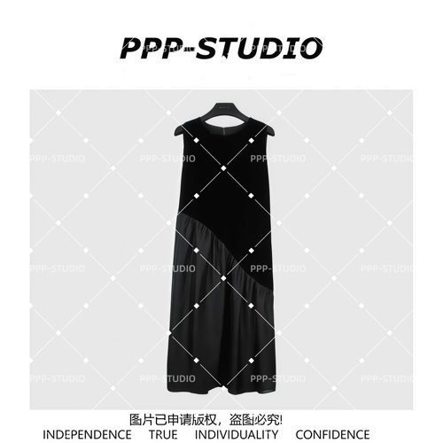 『PP-STUDIO』新款时尚百搭设计款拼接下摆无袖连衣裙*20261926