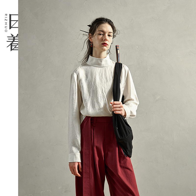 日着微修身中式套头长袖醋酸衬衫