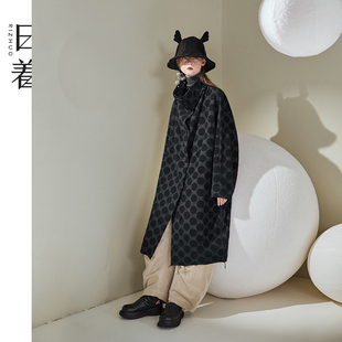 新款 日着原创设计月亮波点提花羊毛呢大衣2025春季 复古立领长外套