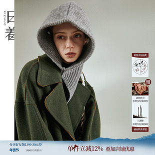 日着雪怪羊毛法拉帽2025冬冬新款针织高级连肩护耳包头显脸小帽子