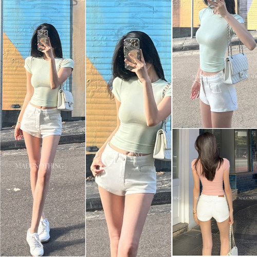 MADE NOTHING 丰胯经典白弹力水洗显瘦包臀中腰牛仔热裤短裤女