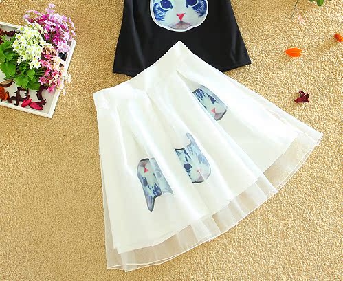 2018夏新品热卖高端欧根纱小猫咪印花蓬蓬裙女甜美可爱学生半身裙
