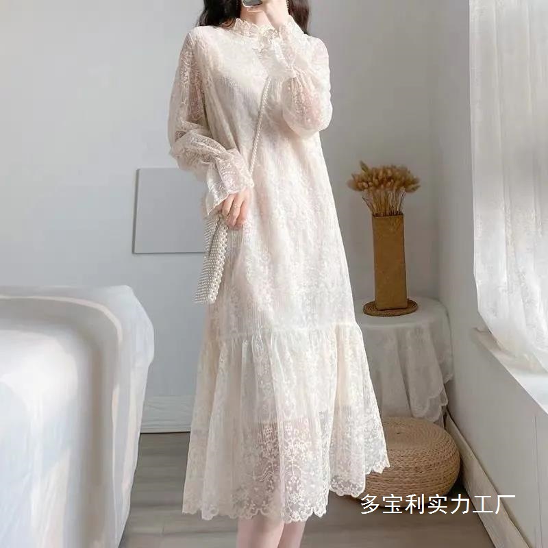 仙女内搭气质蕾丝连衣裙2025秋冬新款中长款加绒加厚打底长袖裙子