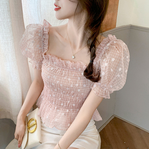 RM20773#夏季新款泡泡袖方领短袖修身褶皱花朵短款上衣女