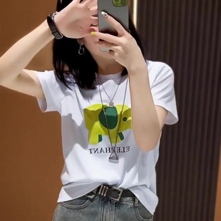 大象印花白色短袖 ins风可爱减龄小众显瘦上衣潮 T恤女2025夏季 新款