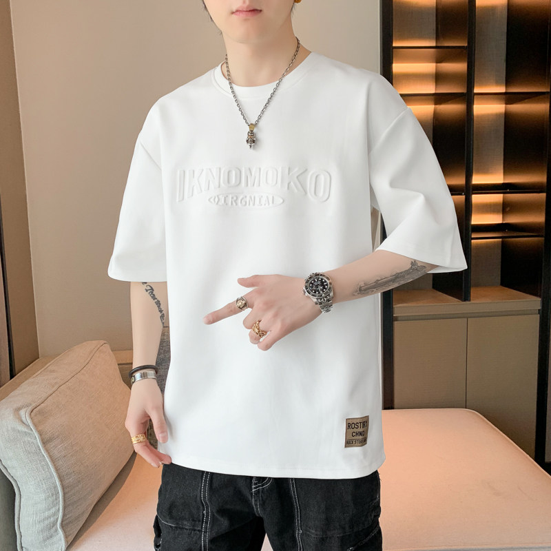 潮牌圆领钢印印花短袖男2025夏季新款韩版运动宽松休闲百搭上衣潮