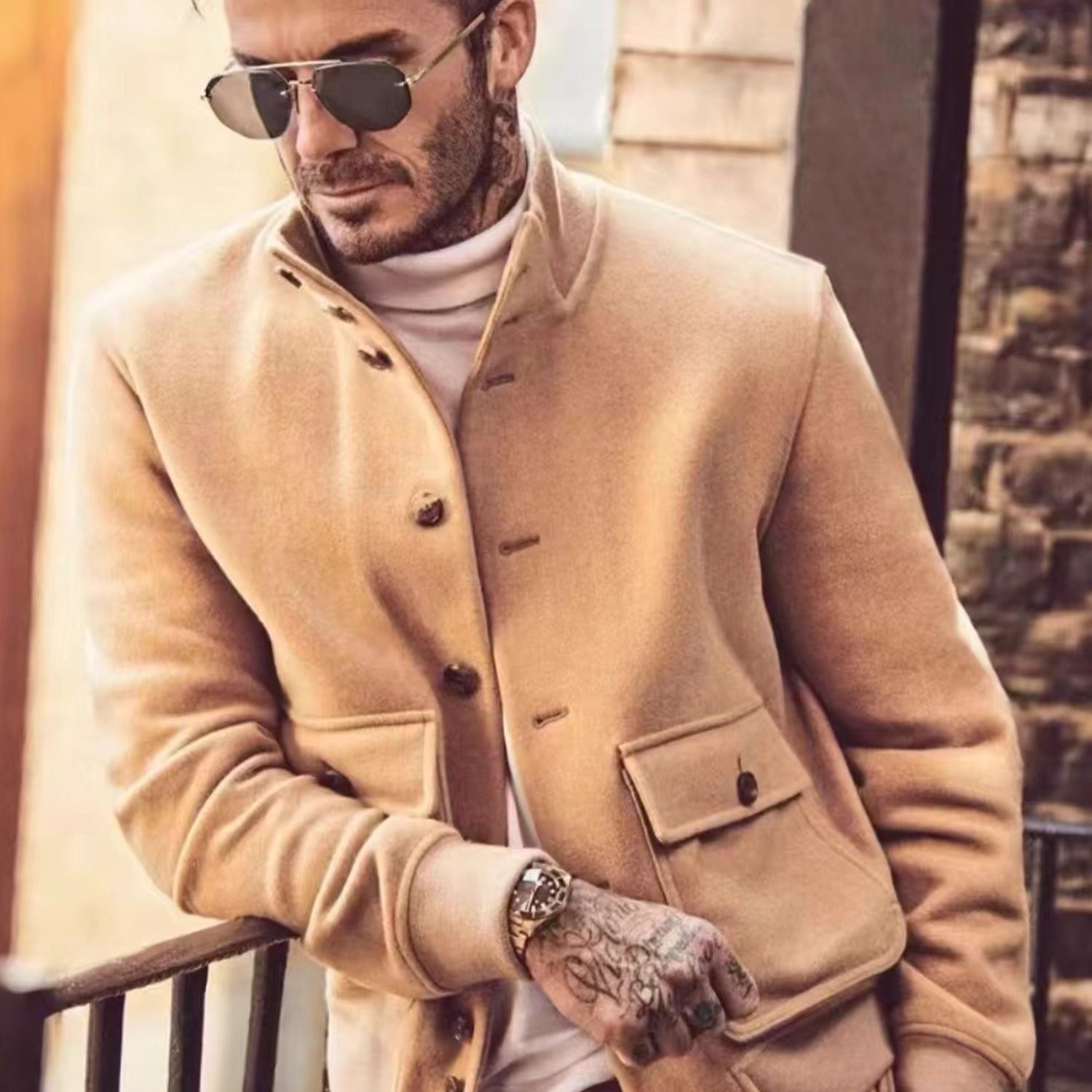 贝克汉姆RL同款老钱风100羊毛呢外套男 秋冬紫标A1飞行夹克短大衣