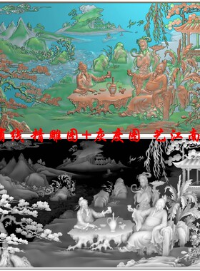 1804文人雅士将进酒牌匾额横浮雕精雕JDP灰度BMP格式木雕石雕图