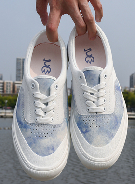 极路客X 惠州IDEAL滑板店联名款 蓝紫色扎染翻毛皮男女硫化滑板鞋