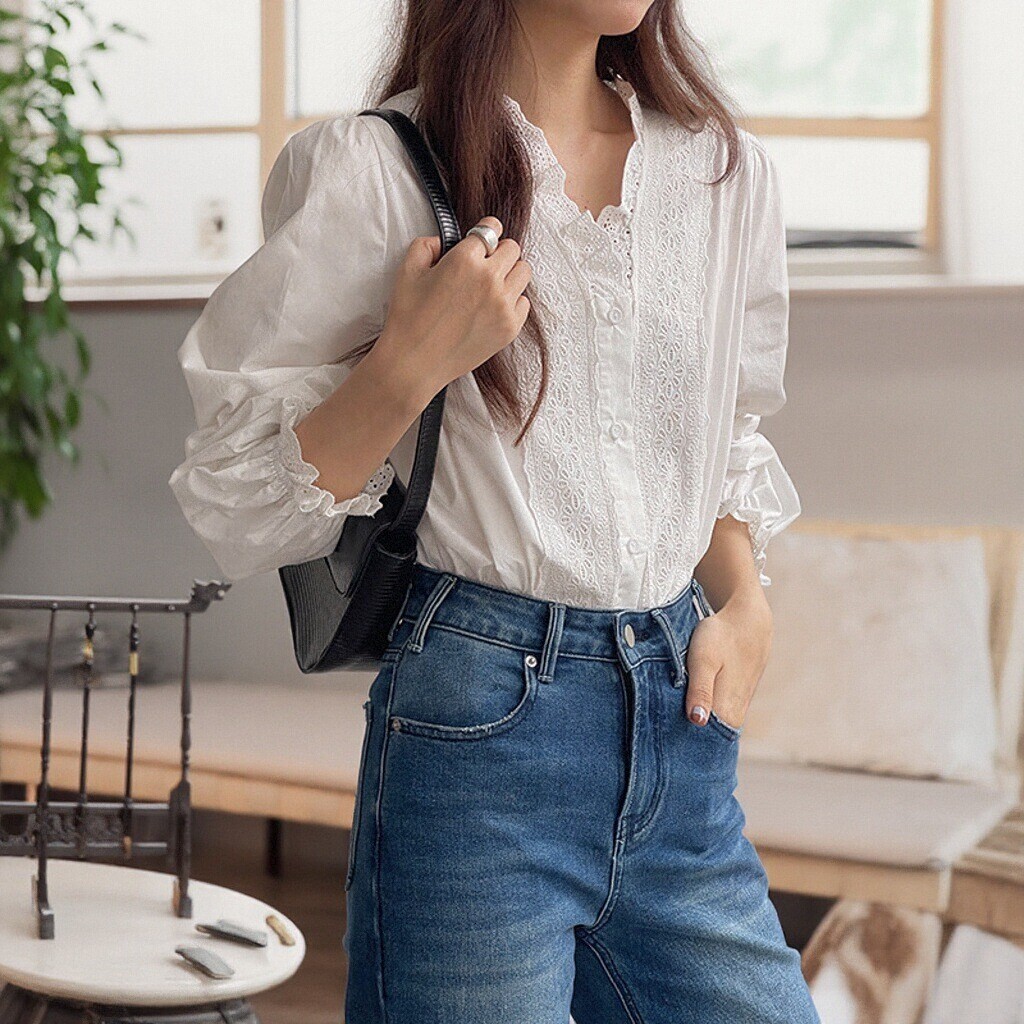 2025年新款南法白月光歌铭法式衬衫女通勤蕾丝花边高级感纯棉衬衣