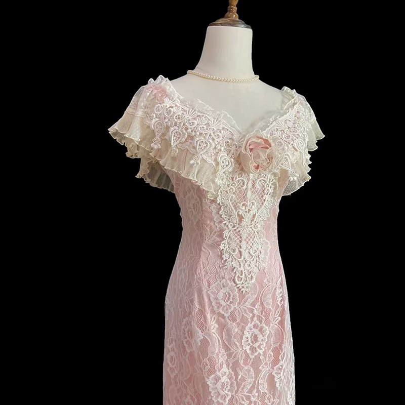 复古蕾丝中长款礼服裙