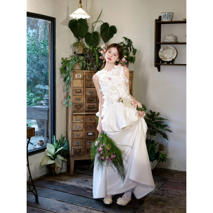 超仙轻婚纱新娘森系花朵结婚订婚甜美梦幻领证小个子生日礼服 法式