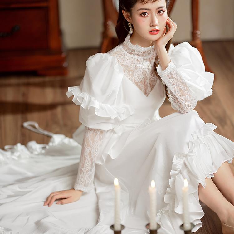 复古长袖前短后长轻婚纱礼服