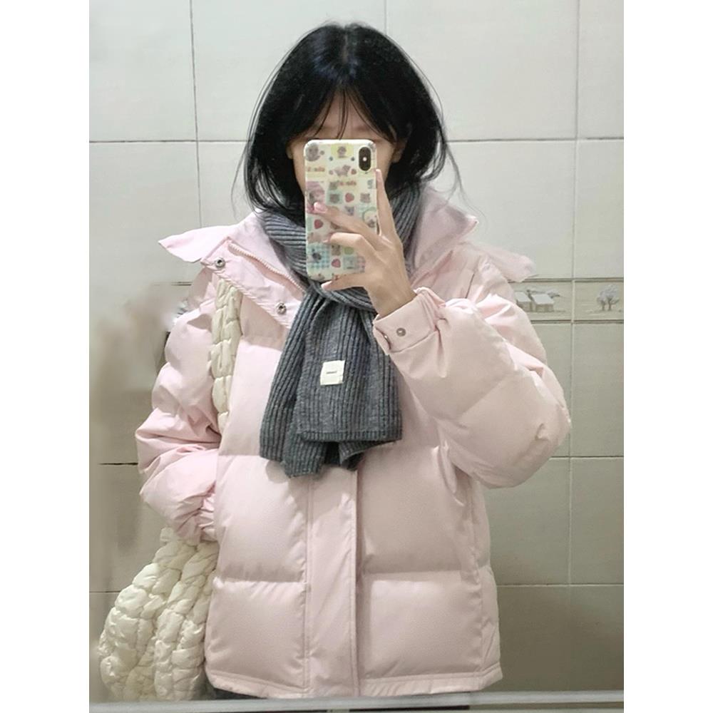 中戏粉色羽绒棉服女短款冬季新款连帽加厚立领情侣款宽松棉服外套