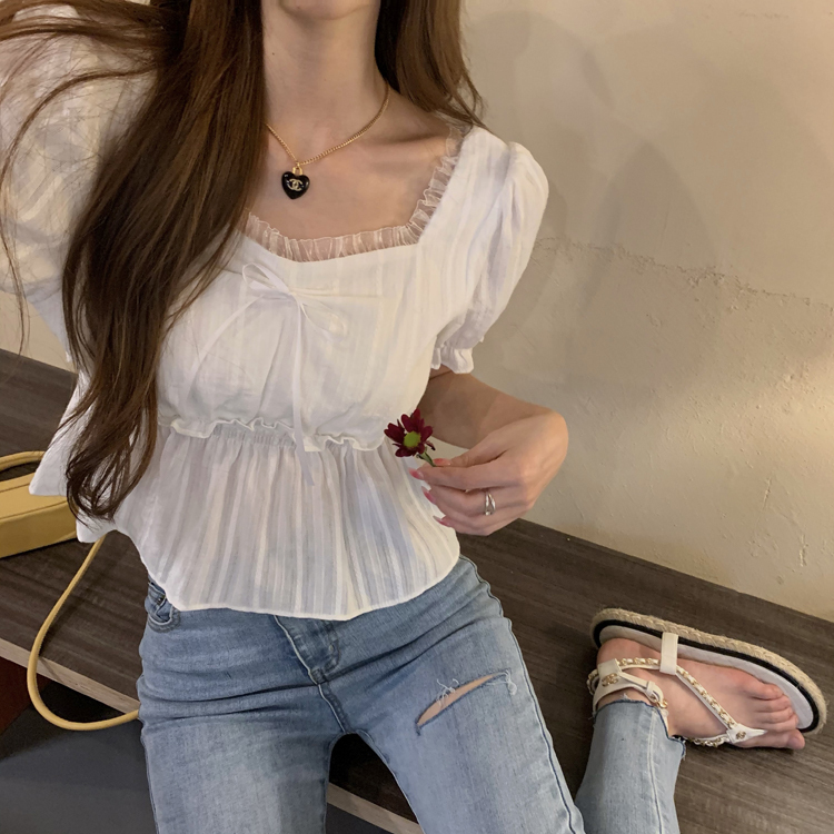 Real price ~ Korean summer style square neck court style short high waist bubble sleeve shirt