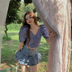 Real price ~ summer new French retro V-neck bubble sleeve design