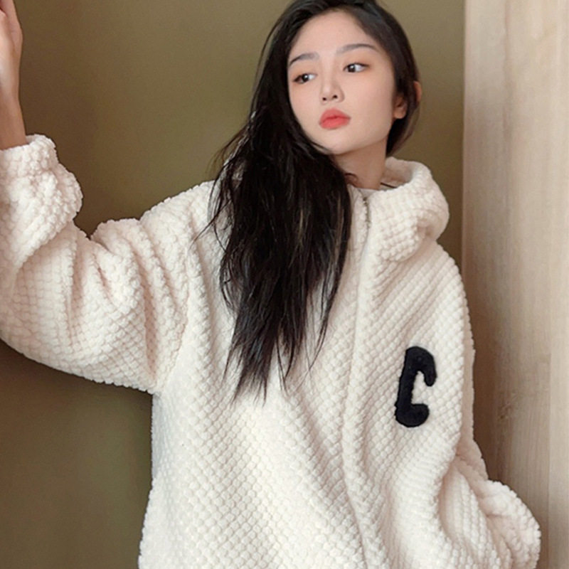 网红睡衣女秋冬款运动连帽加绒加厚休闲拉链学生可外穿家居服套装