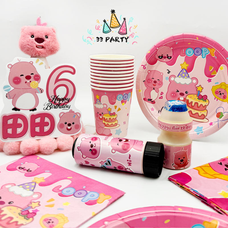 露比loopy生日主题布置派对装饰小海狸一次性餐盘具儿童桌布女孩