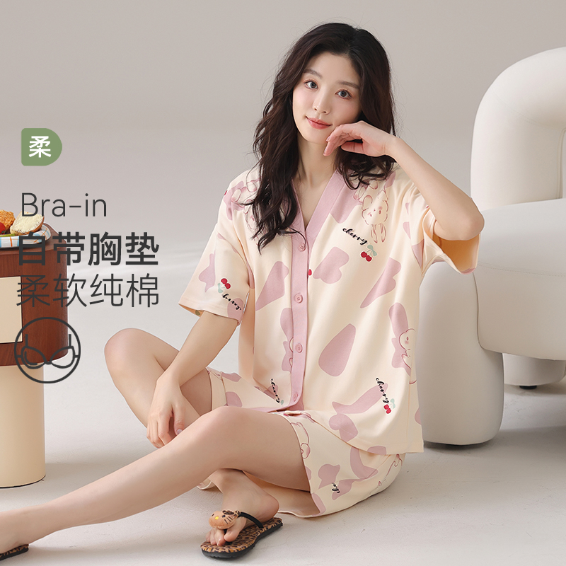 短袖女士睡衣女款夏季带胸垫纯棉夏天开衫家居服全棉短裤2025新款