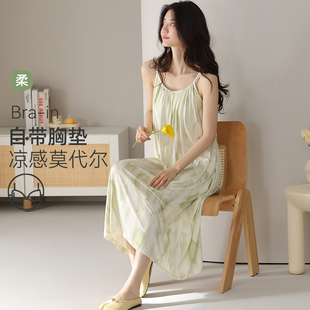 夏季 2025新款 带胸垫睡衣女吊带棉绸夏天睡裙性感家居服莫代尔长裙
