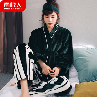 南极人日式 家居服 ins风加厚加绒保暖珊瑚绒秋冬款 和服睡衣女冬季