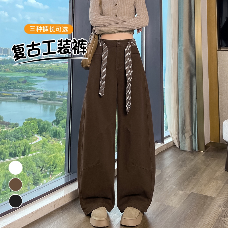 美式复古咖色弯刀休闲工装裤女