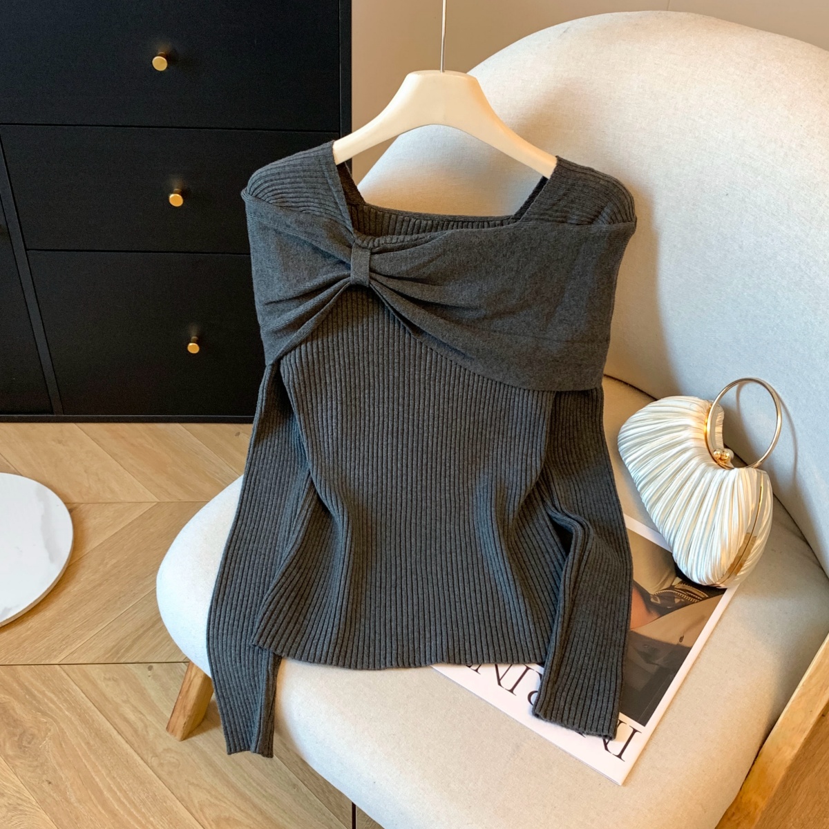 方领蝴蝶结针织衫女秋冬法式气质