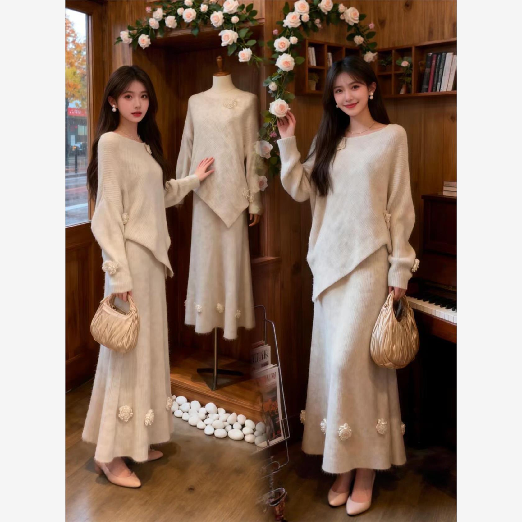 立体花朵钉珠御姐范不对称针织套装秋冬新款氛围感气质毛衣两件套