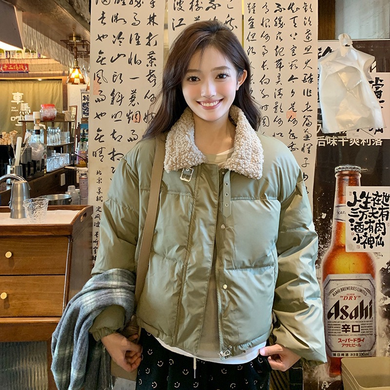 2025韩版新款PU棉衣女立领羊羔毛免洗皮小个子加厚保暖夹克面包服