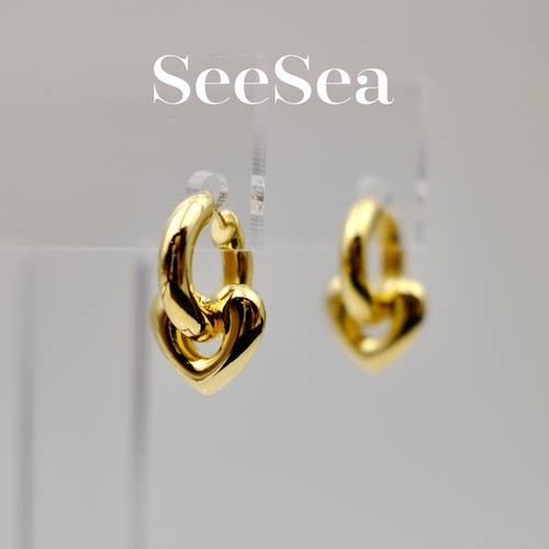 SeeSea 韩国INS复古实心可拆卸桃心爱心立体S925银针耳钉耳环