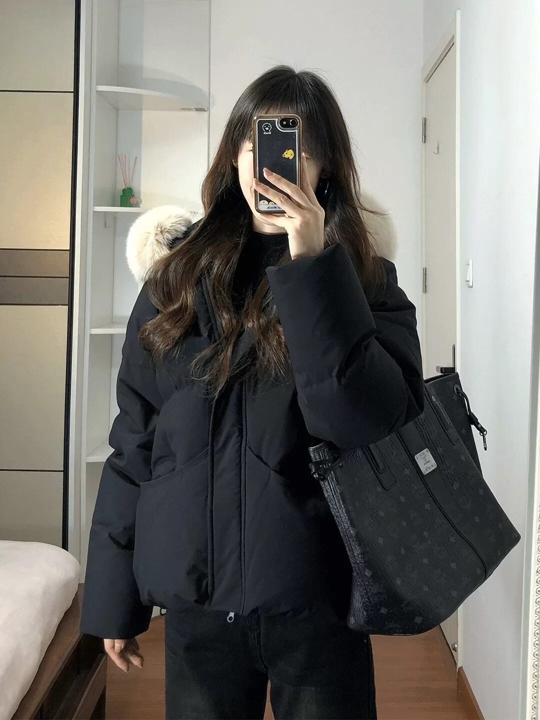 黑色大毛领羽绒棉服女2026冬季新款短款保加厚小个子连帽棉袄外套