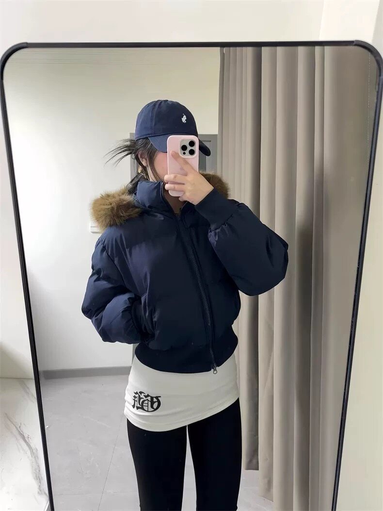 美式潮牌大毛领短款连帽羽绒棉袄女冬2026年巨好看超火小个子棉服