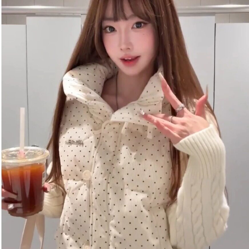 韩系甜美波点针织拼接长袖棉服外套女冬季宽松加厚短款保暖面包服