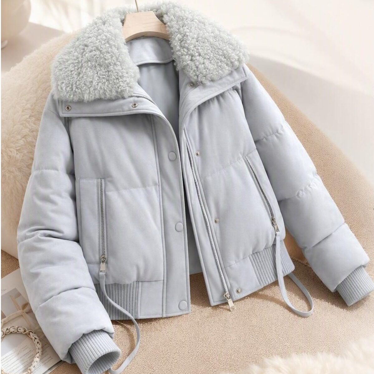 冬季短款加厚羊羔毛保暖棉服女