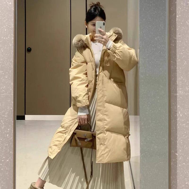 秋冬韩系加厚大毛领长款棉服女