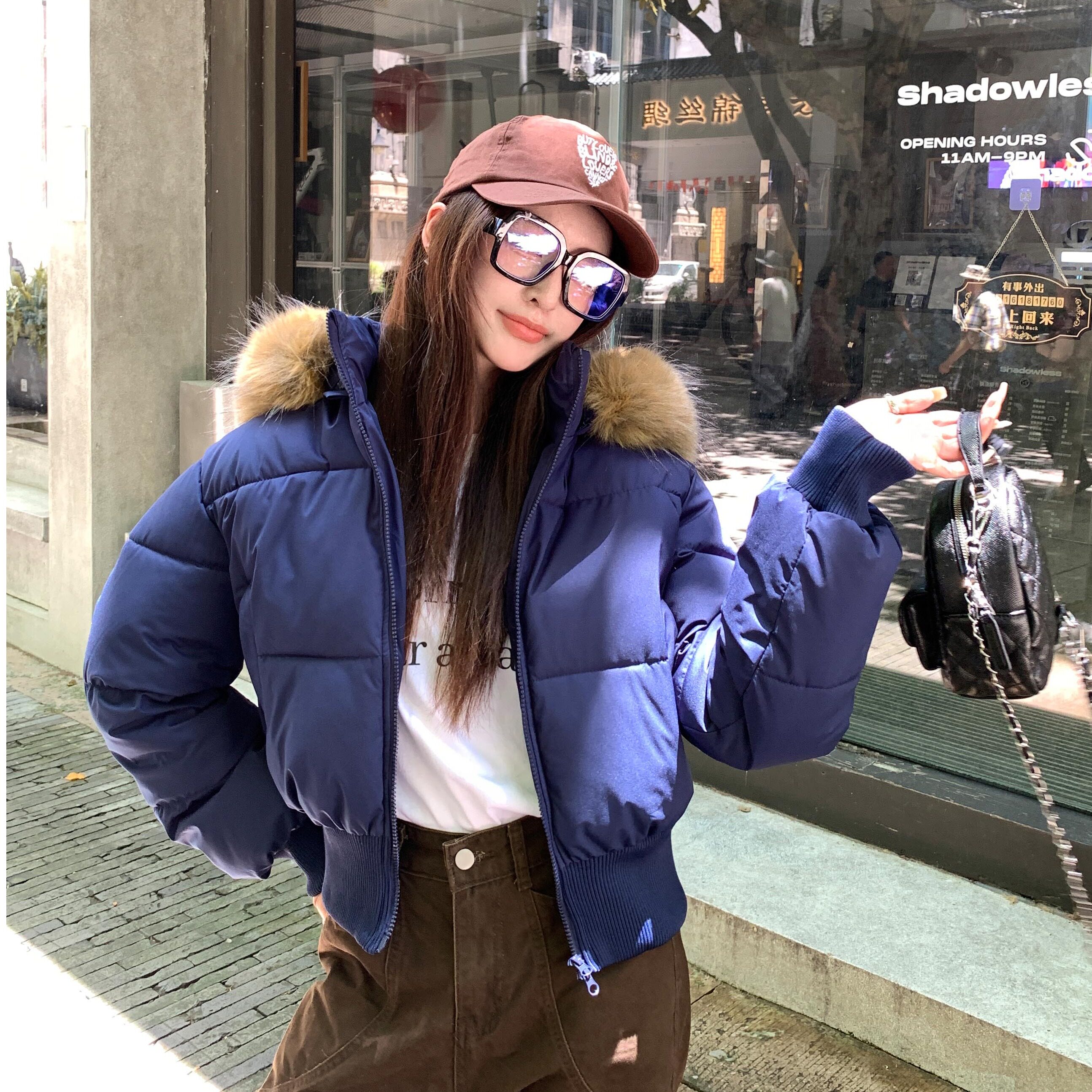 冬季小个子加厚短款毛领棉服女