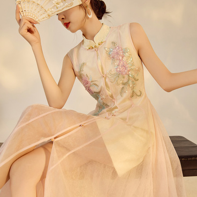 国风夏季2025新款珠片绣长款开衫上衣新中式刺绣连衣裙套装 N5033